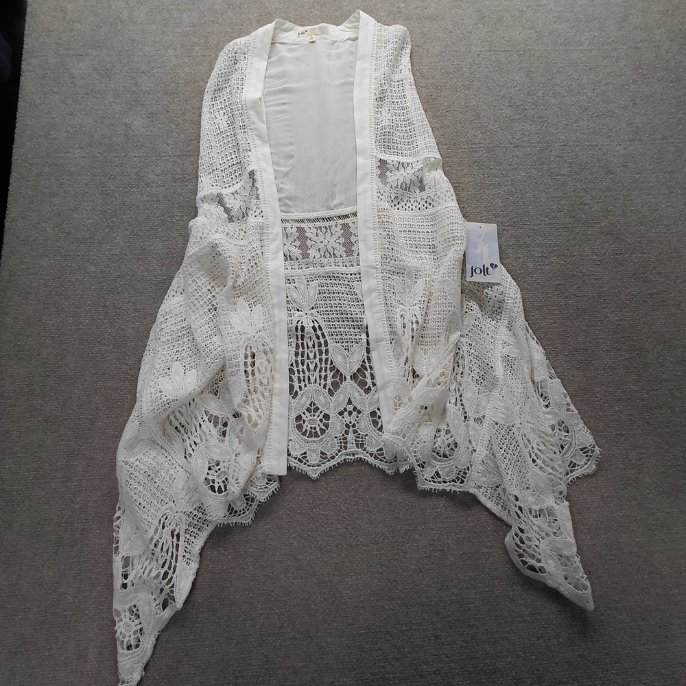 Jolt Womens L Cream Crochet Lace Vest Boho Open Knit Sleeveless Cardigan NEW